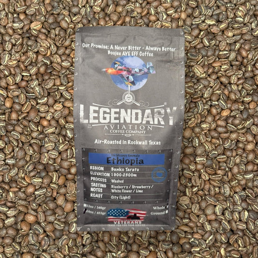 Mooney Anomaly Ethiopian Coffee by Legendary Aviation Coffee Company – specialty-grade, single-origin beans from Ethiopia’s Banko Taratu region. Front of bag - Air-roasted in Rockwall, Texas, this light roast delivers vibrant notes of blueberry, strawberry, white flower, and lime. Crafted for true coffee connoisseurs and aviation enthusiasts alike.