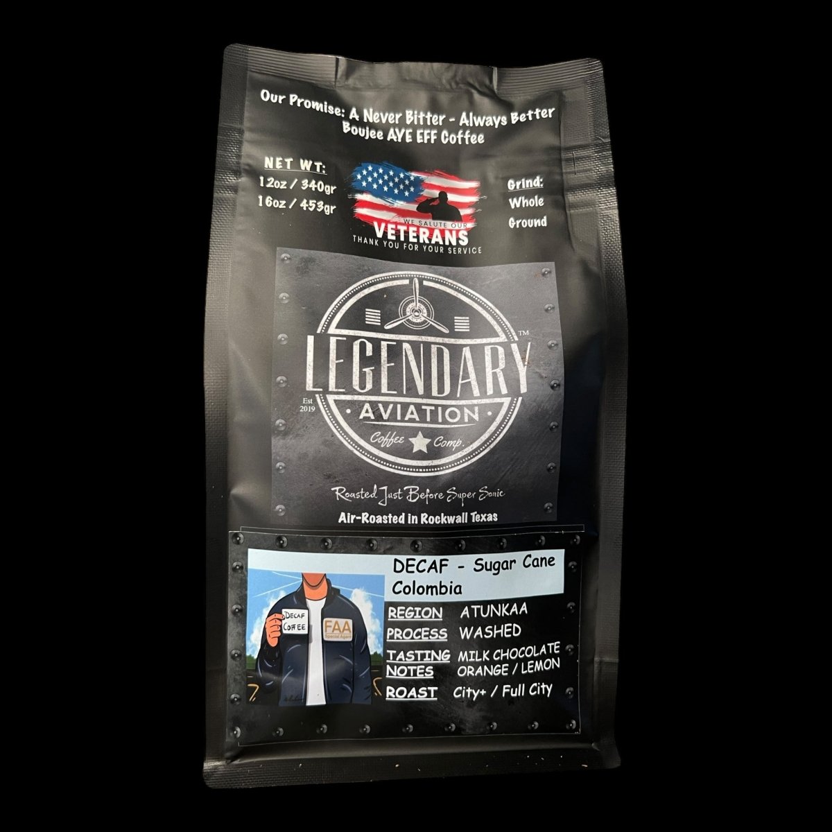 FAA Agent DECAF | Sugar Cane Colombian | Sweet and Smooth - Coffee - Specialty Coffee, Teas, and Syrups, Air - Roasted in Rockwall, Texas by Legendary Aviation Coffee Company