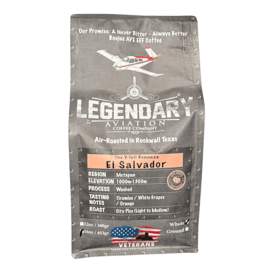 Whole bean V-Tail Bonanza Coffee – air-roasted single-origin Pacas and Bourbon beans from El Salvador, highlighting a smooth caramel profile and crisp acidity.