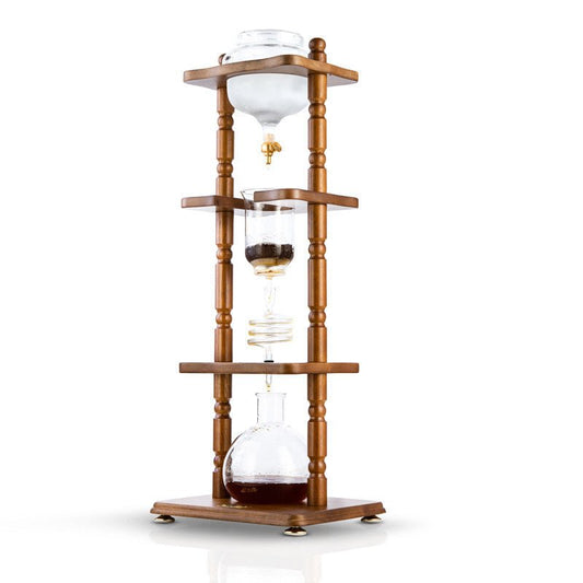Yama 6 - 8 Cup Cold Brew Tower Curved Brown Wood Frame (32oz) - Cold Brew - Specialty Coffee, Teas, and Syrups, Air - Roasted in Rockwall, Texas by Legendary Aviation Coffee Company