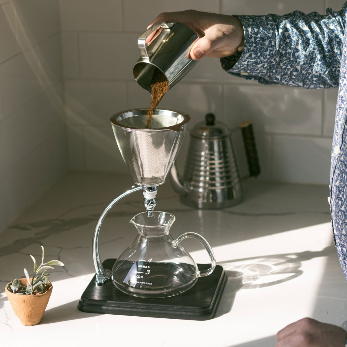 Yama Glass Silverton Brewer w/ Black Base & Silver Accents - WARES - Specialty Coffee, Teas, and Syrups, Air - Roasted in Rockwall, Texas by Legendary Aviation Coffee Company