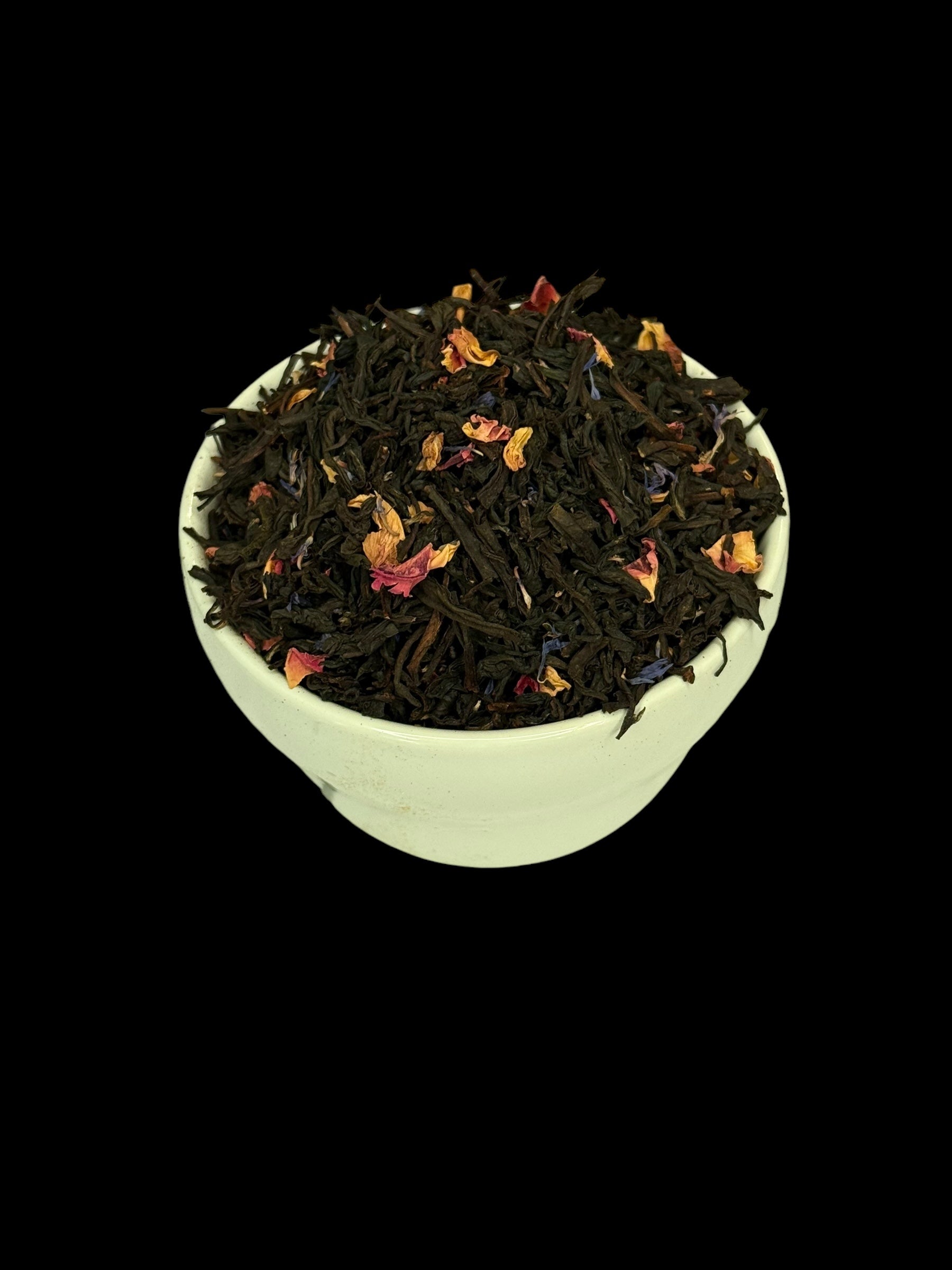 Savannah Belle Black Peach Tea by Legendary Aviation Coffee Company in Rockwall, Texas – a boujee black tea with sweet peach notes and colorful floral accents, sourced from RoyalNY specialty tea, ideal for a refreshing Southern-style brew