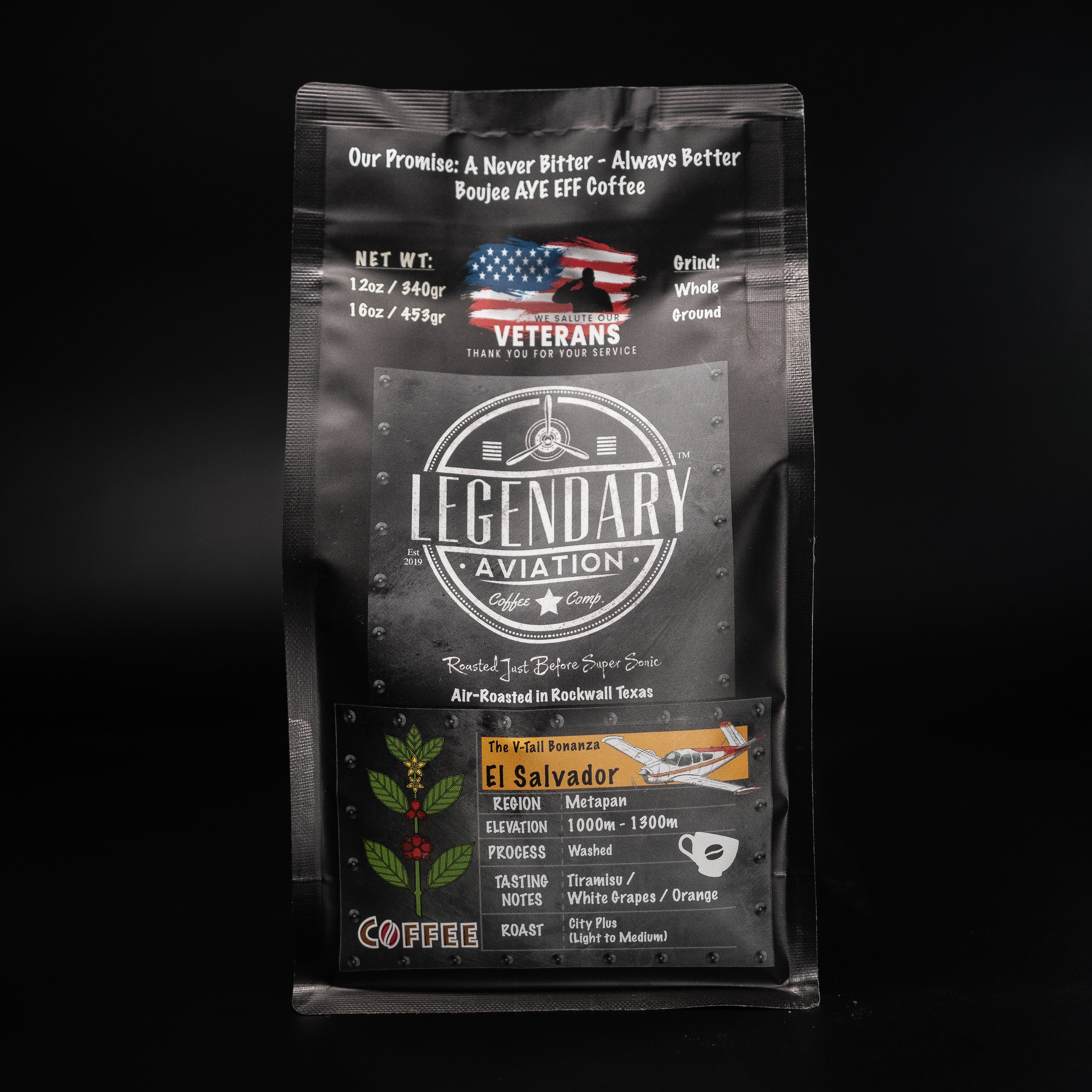 Legendary Aviation Specialty Coffee, V-Tail Bonanza, Front, Rockwall Coffee