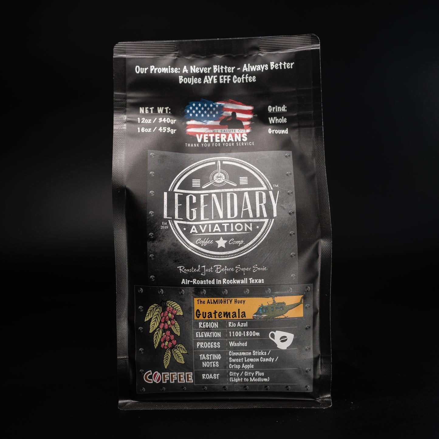 Legendary Aviation Specialty Coffee, Almighty Huey, Front, Rockwall Coffee