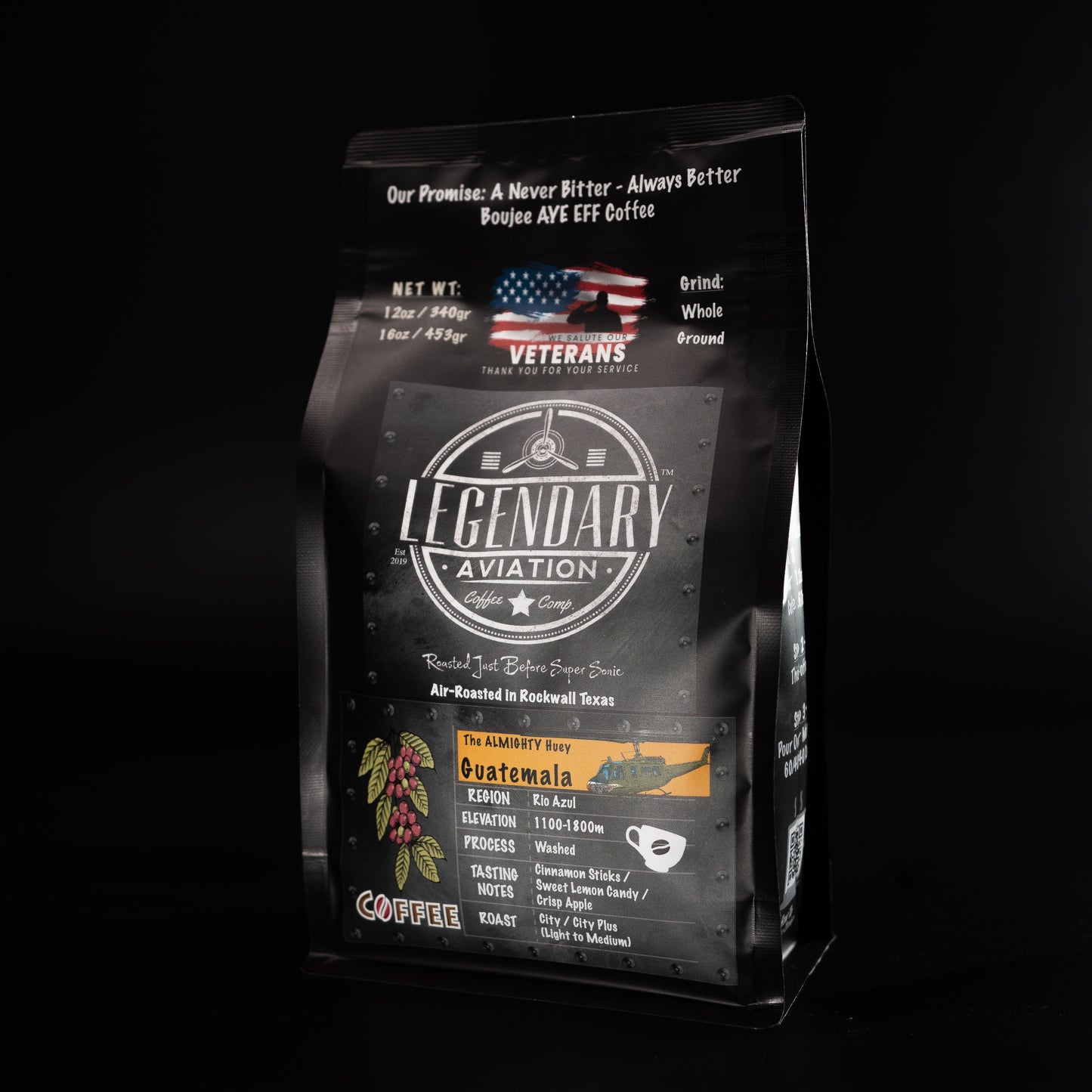 Legendary Aviation Specialty Coffee, Almighty Huey, Front, Rockwall Coffee