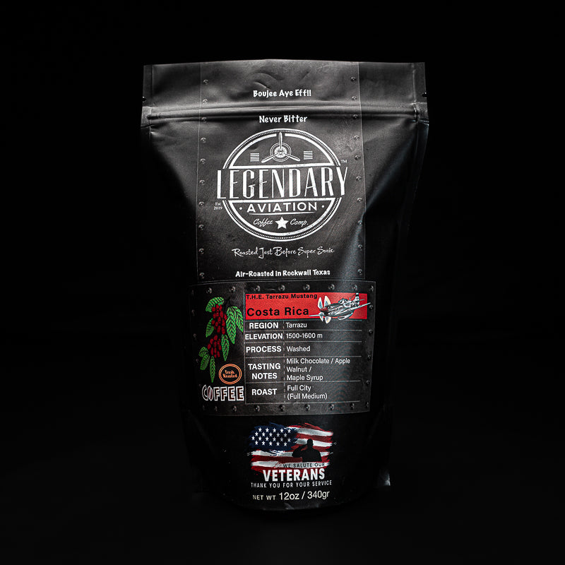 Tarrazu Mustang Coffee - Specialty-grade air-roasted coffee from Costa Rica, featuring milk chocolate, apple, and walnut notes. Available at Legendary Aviation Coffee in Rockwall, Texas