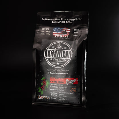 Tarrazu Mustang Coffee - Specialty-grade air-roasted coffee from Costa Rica, featuring milk chocolate, apple, and walnut notes. Available at Legendary Aviation Coffee in Rockwall, Texas