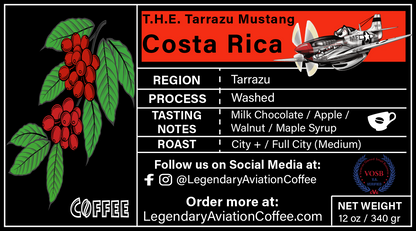 Tarrazu Mustang Coffee - Specialty-grade air-roasted coffee from Costa Rica, featuring milk chocolate, apple, and walnut notes. Available at Legendary Aviation Coffee in Rockwall, Texas