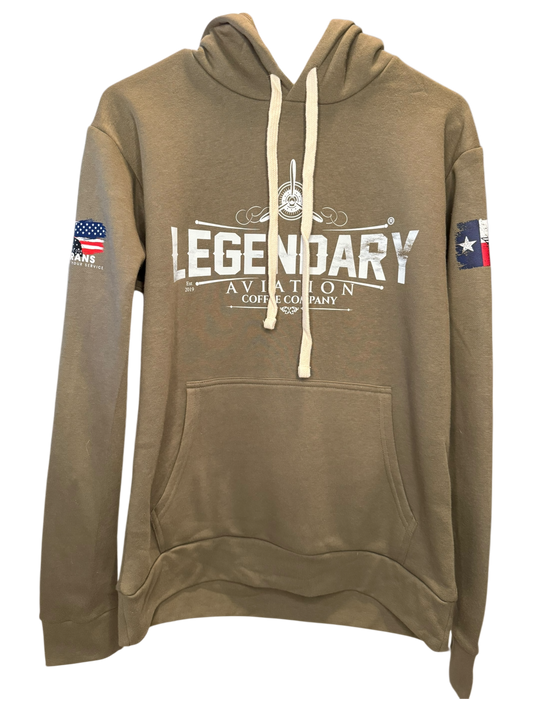 Coffee Snob Squadron Hoodie by Legendary Aviation Coffee – Olive green unisex hoodie featuring the Skull Aviator design, perfect for coffee lovers in Rockwall, Texas.