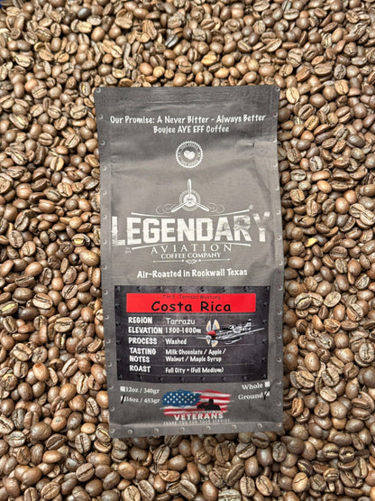 Tarrazu Mustang Coffee - Specialty-grade air-roasted coffee from Costa Rica, featuring milk chocolate, apple, and walnut notes. Available at Legendary Aviation Coffee in Rockwall, Texas