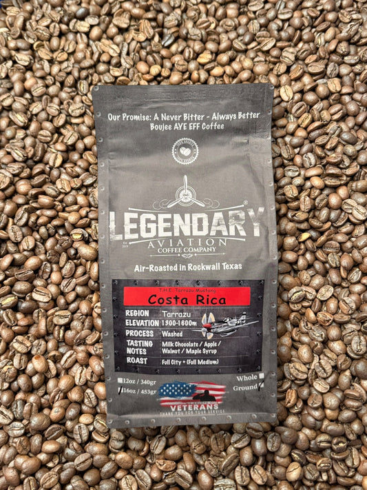 Tarrazu Mustang Coffee - Specialty-grade air-roasted coffee from Costa Rica, featuring milk chocolate, apple, and walnut notes. Available at Legendary Aviation Coffee in Rockwall, Texas