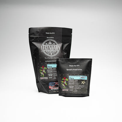 Legendary Aviation Specialty Coffee, Sample Bags, Have a flight, Front, Rockwall Coffee, Peru