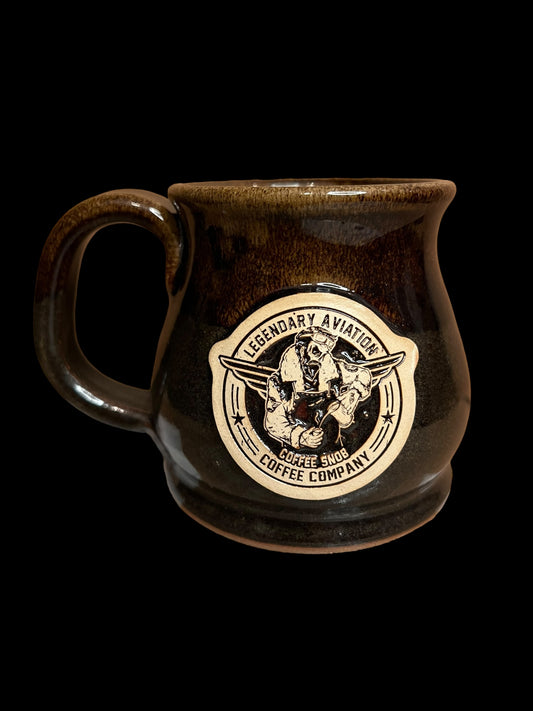 Front view of handcrafted 12oz Potbelly Flight Fuel Mug from Legendary Aviation Coffee Company - Rounded Style, Dishwasher and Microwave Safe, Made in Wisconsin, paired with air-roasted, small batch, single origin, specialty grade boujee coffee roasted in Rockwall, Texas
