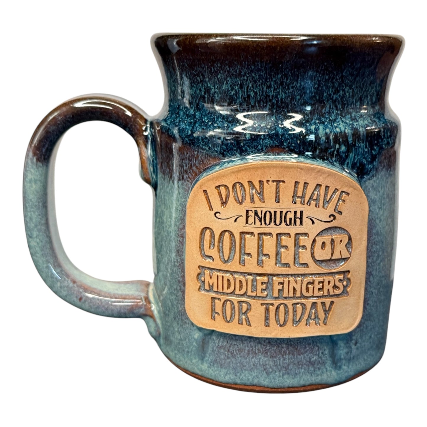 Legendary Aviation Coffee’s handmade Middle Finger Mug by Sunset Hill Stoneware in Rockwall, Texas – 20oz ceramic coffee mug with ‘I Don’t Have Enough Coffee or Middle Fingers for Today’ design.