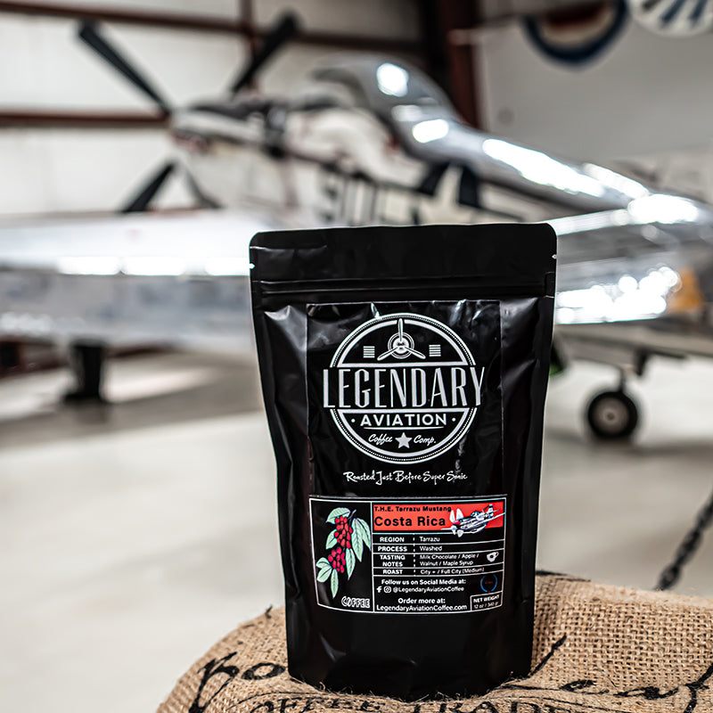 Tarrazu Mustang Coffee - Specialty-grade air-roasted coffee from Costa Rica, featuring milk chocolate, apple, and walnut notes. Available at Legendary Aviation Coffee in Rockwall, Texas