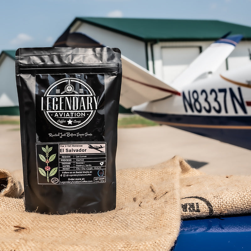 Legendary Aviation Specialty Coffee, V-Tail Bonanza, Front with V-tail, Rockwall Coffee