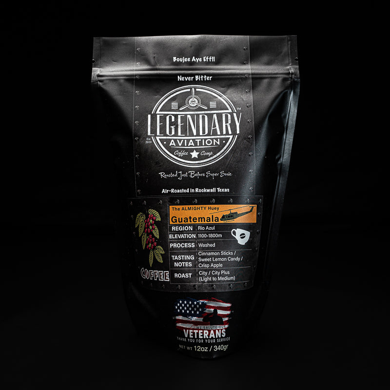 Legendary Aviation Specialty Coffee, Almighty Huey, Front, Rockwall Coffee