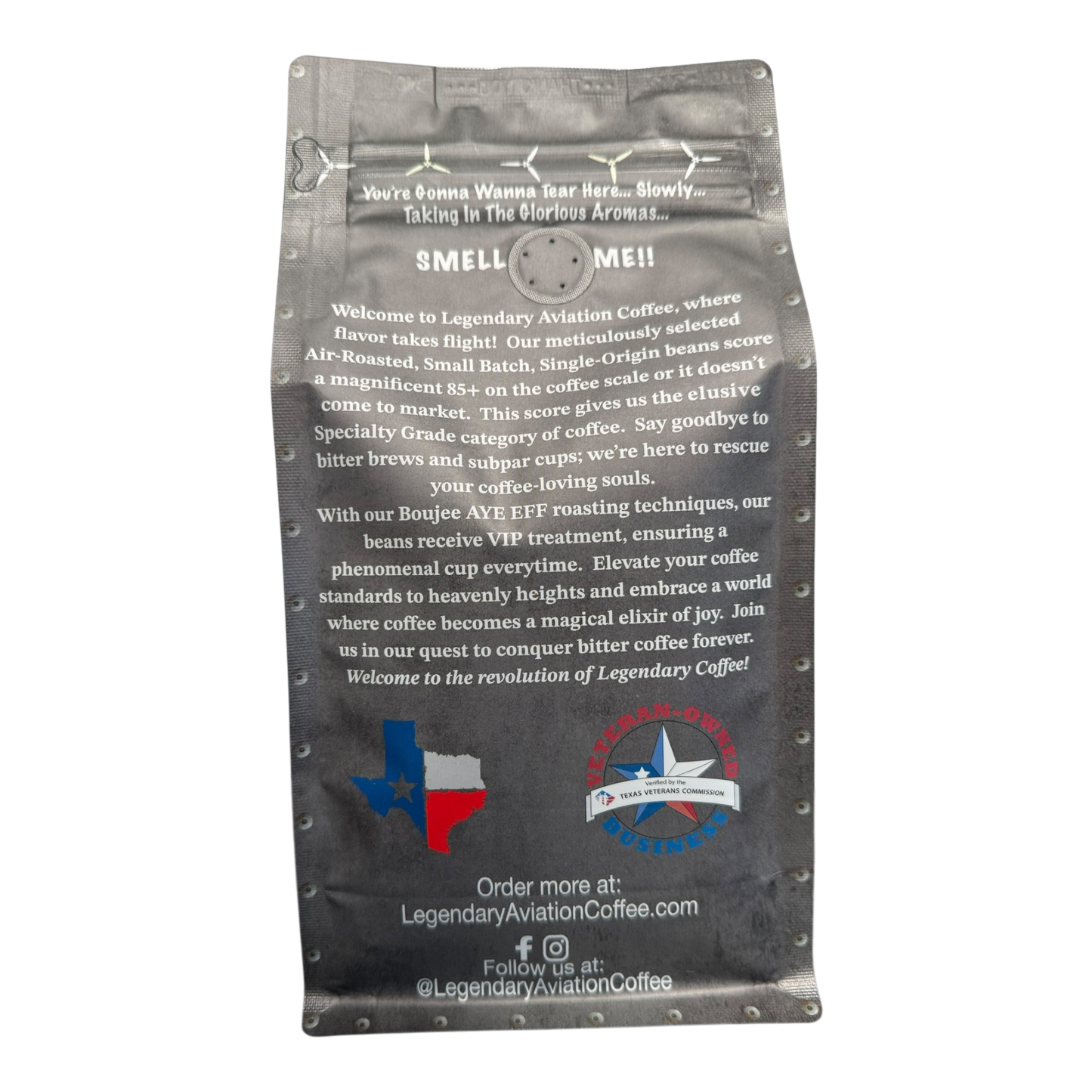 Back view of The Whistling Corsair Brazilian coffee bag by Legendary Aviation Coffee Company, detailing the air-roasting process, commitment to specialty coffee quality, and nonprofit donations in Rockwall, Texas.