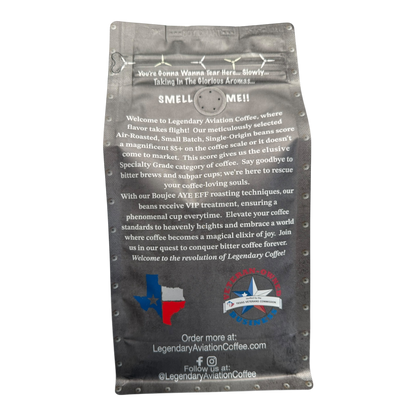 Back view of The Whistling Corsair Brazilian coffee bag by Legendary Aviation Coffee Company, detailing the air-roasting process, commitment to specialty coffee quality, and nonprofit donations in Rockwall, Texas.