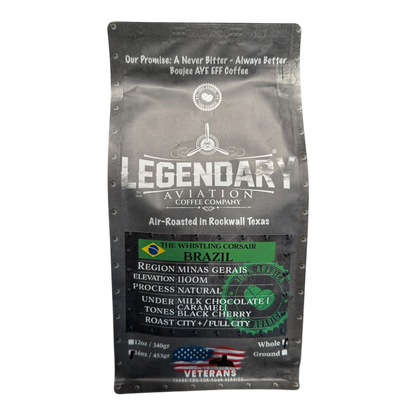 Front view of The Whistling Corsair coffee bag by Legendary Aviation Coffee Company, showcasing premium Brazilian coffee from Minas Gerais with notes of milk chocolate, caramel, and black cherry. Air-roasted specialty coffee in Rockwall, Texas.