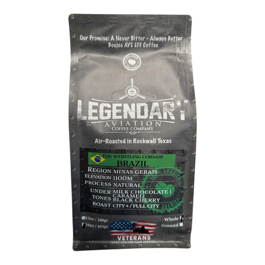 Front view of The Whistling Corsair coffee bag by Legendary Aviation Coffee Company, showcasing premium Brazilian coffee from Minas Gerais with notes of milk chocolate, caramel, and black cherry. Air-roasted specialty coffee in Rockwall, Texas.