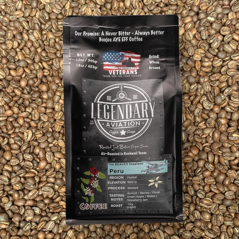 Legendary Aviation Coffee’s in Rockwall Texas.  Beaver Seaplane Coffee from Peru – Air-roasted specialty-grade coffee with smooth chocolate and citrus notes, sourced from high-altitude Peruvian farms.