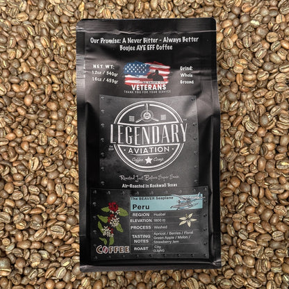 Legendary Aviation Coffee’s in Rockwall Texas.  Beaver Seaplane Coffee from Peru – Air-roasted specialty-grade coffee with smooth chocolate and citrus notes, sourced from high-altitude Peruvian farms.