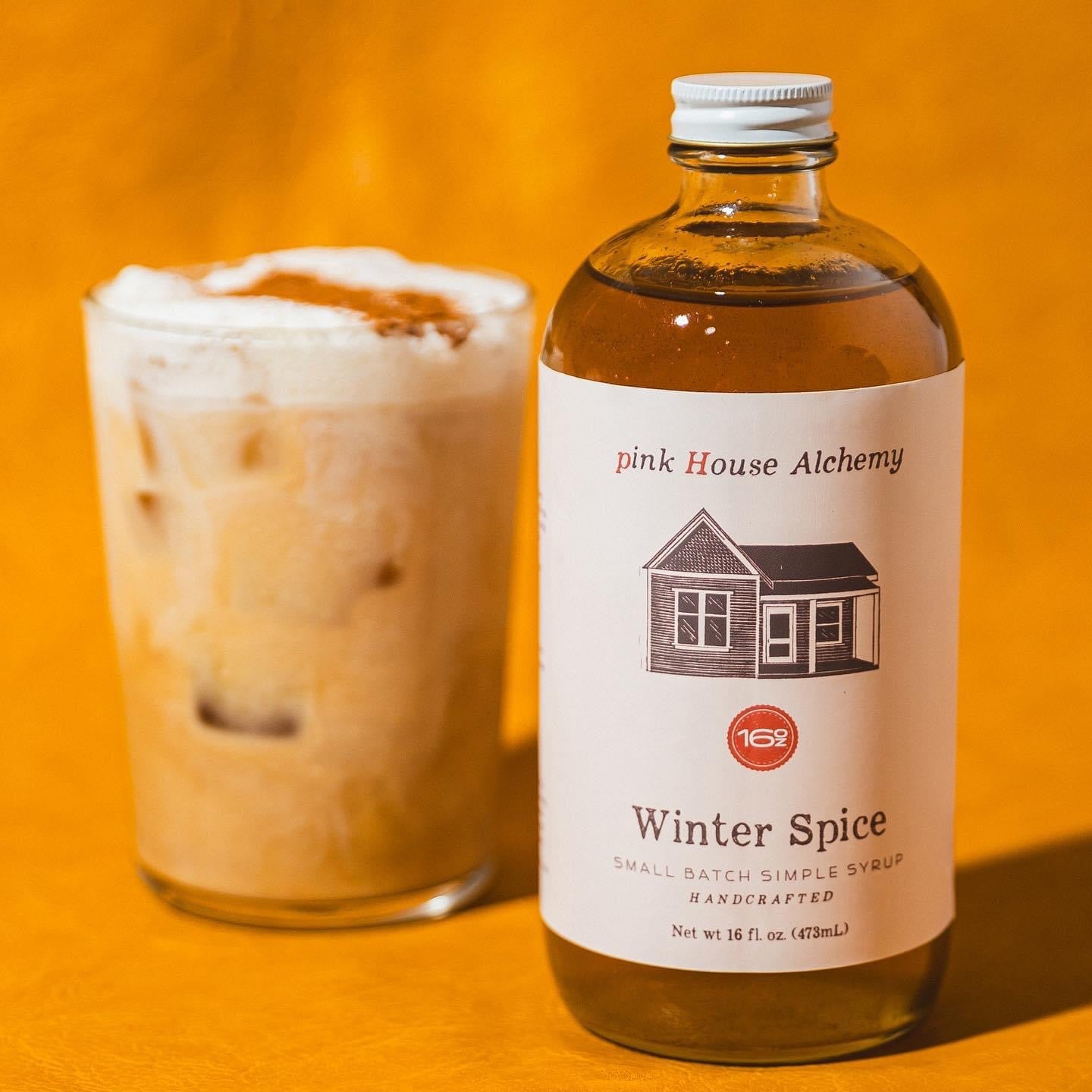 Legendary Aviation Coffee’s Winter Spice Simple Syrup from Pink House Alchemy, perfect for adding boujee flavor to coffee, tea, or cocktails.
