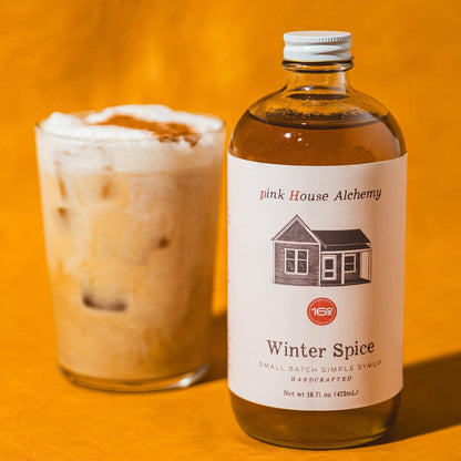 Legendary Aviation Coffee’s Winter Spice Simple Syrup from Pink House Alchemy, perfect for adding boujee flavor to coffee, tea, or cocktails.
