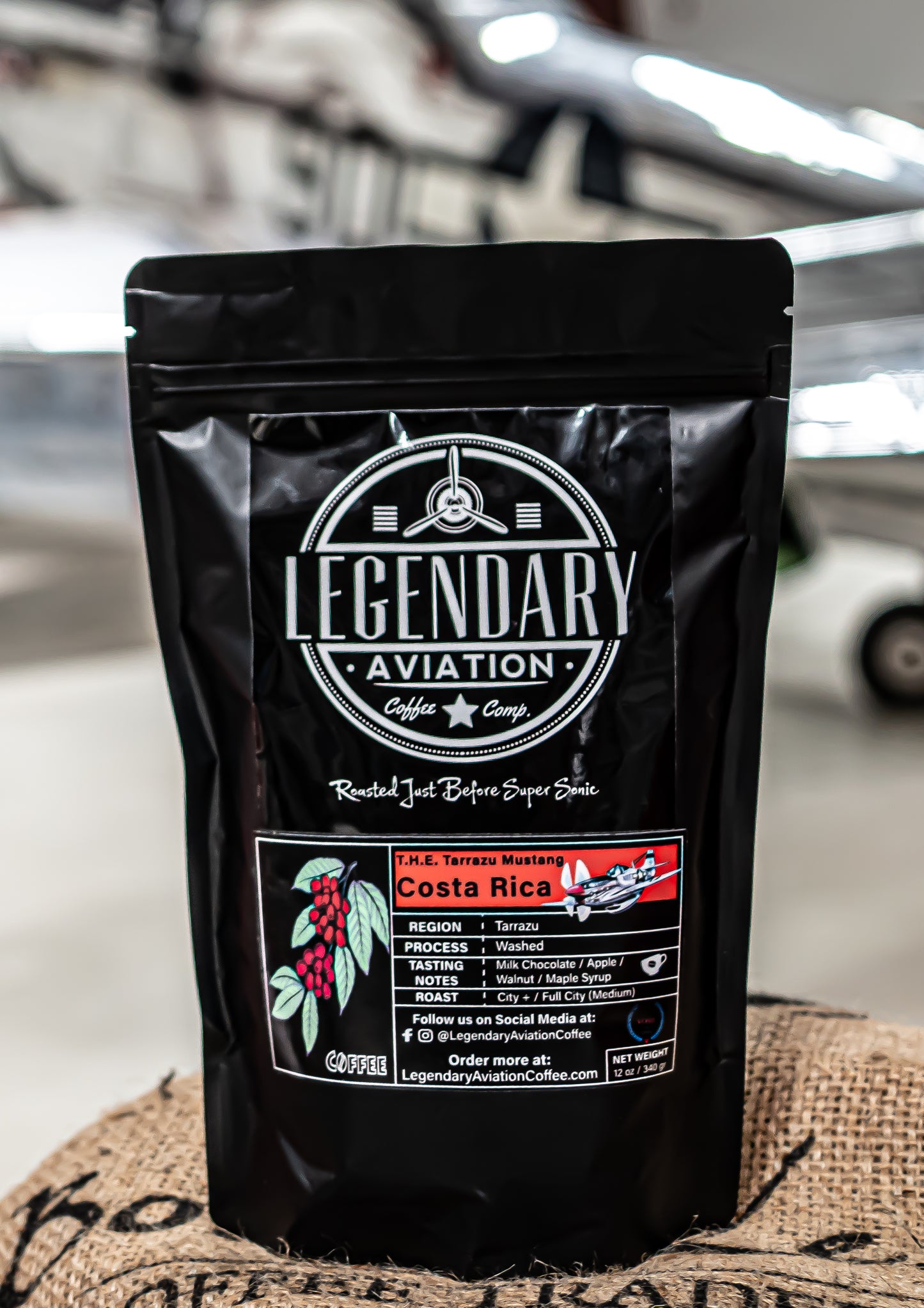 Tarrazu Mustang Coffee - Specialty-grade air-roasted coffee from Costa Rica, featuring milk chocolate, apple, and walnut notes. Available at Legendary Aviation Coffee in Rockwall, Texas