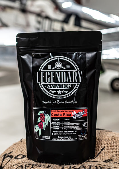 Tarrazu Mustang Coffee - Specialty-grade air-roasted coffee from Costa Rica, featuring milk chocolate, apple, and walnut notes. Available at Legendary Aviation Coffee in Rockwall, Texas