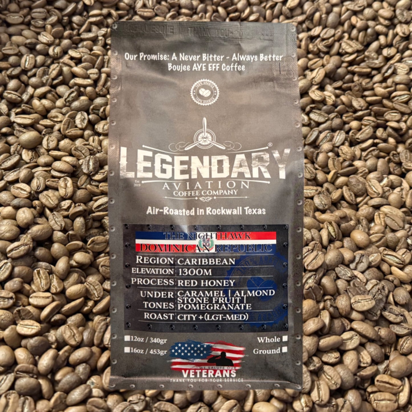 Detailed description of the F-117 Nighthawk Dominican Republic Coffee bag, highlighting tasting notes, roasting process, and farm details. A bold, smooth, high-scoring coffee from Legendary Aviation Coffee Company.