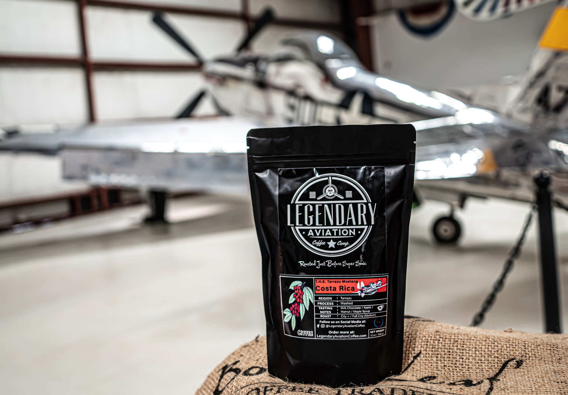 Legendary Aviation Specialty Coffee, Tarrazu Mustang, Costa Rica, P51 Mustang Far Front, Rockwall Coffee