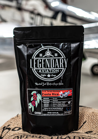 Legendary Aviation Specialty Coffee, Tarrazu Mustang, Costa Rica, Close Front, Rockwall Coffee