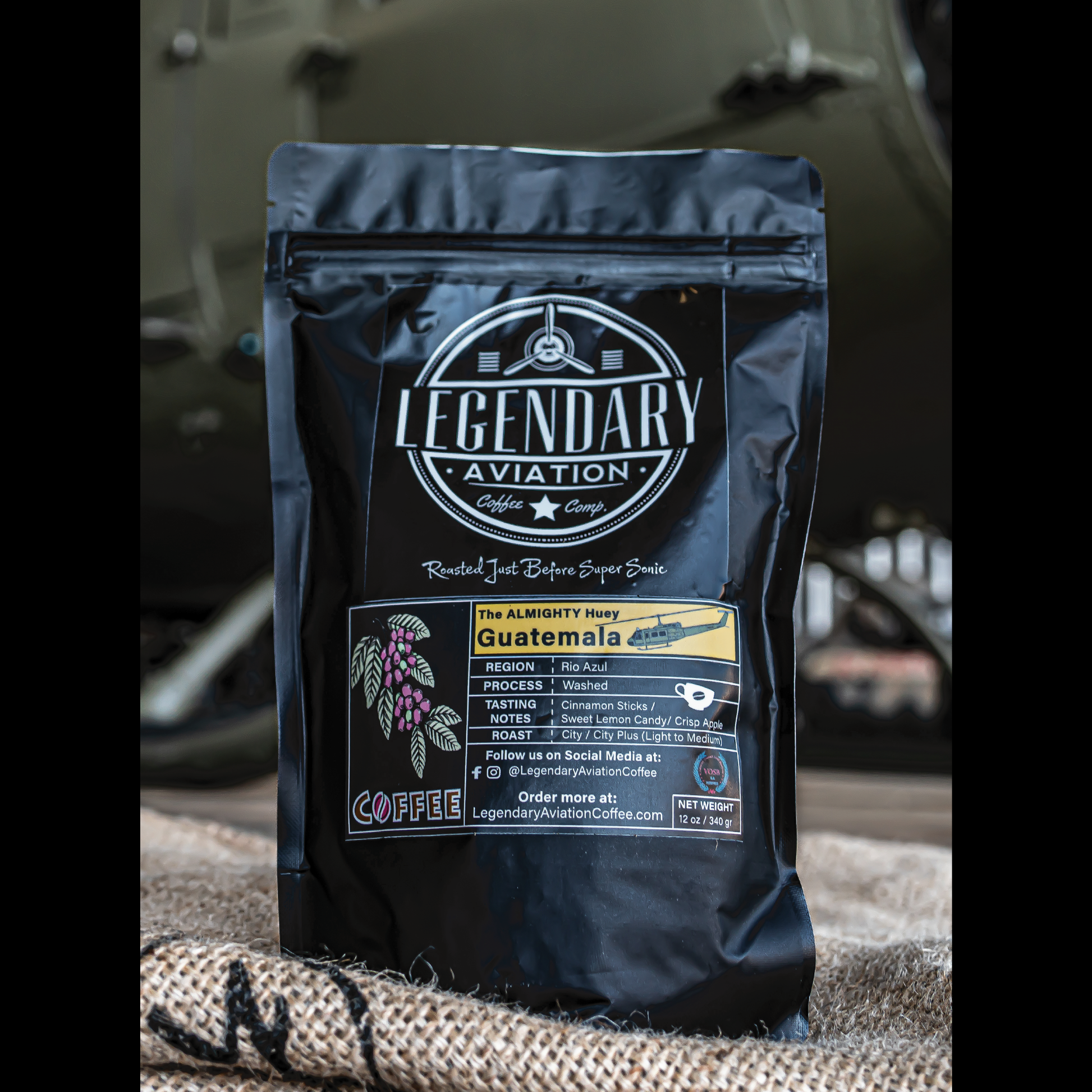 Legendary Aviation Specialty Coffee, Almighty Huey, Tilted close Front, Rockwall Coffee