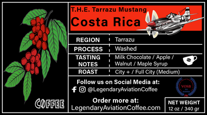 Legendary Aviation Specialty Coffee, Tarrazu Mustang, Costa Rica, label, Rockwall Coffee