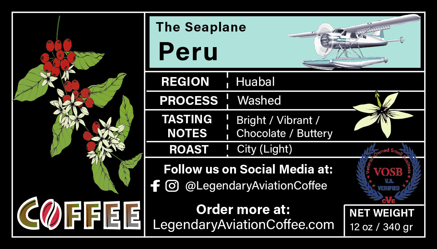 Legendary Aviation Specialty Coffee, Beaver Seaplane, Peru, label, Rockwall Coffee