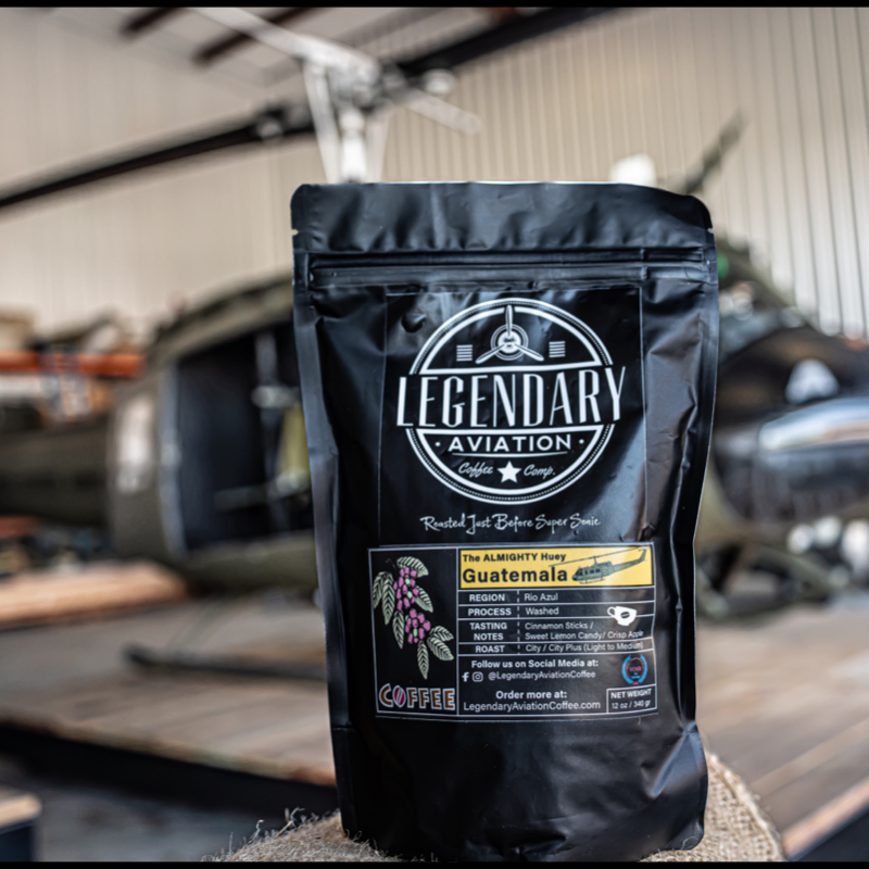 Legendary Aviation Specialty Coffee, Almighty Huey, Close Front, Rockwall Coffee