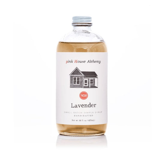 Lavender Simple Syrup by Pink House Alchemy available at Legendary Aviation Coffee Company in Rockwall, Texas. This specialty coffee syrup features organic cane sugar, water, and lavender flowers, perfect for boujee coffee lovers seeking a calming, aromatic addition to their beverages.