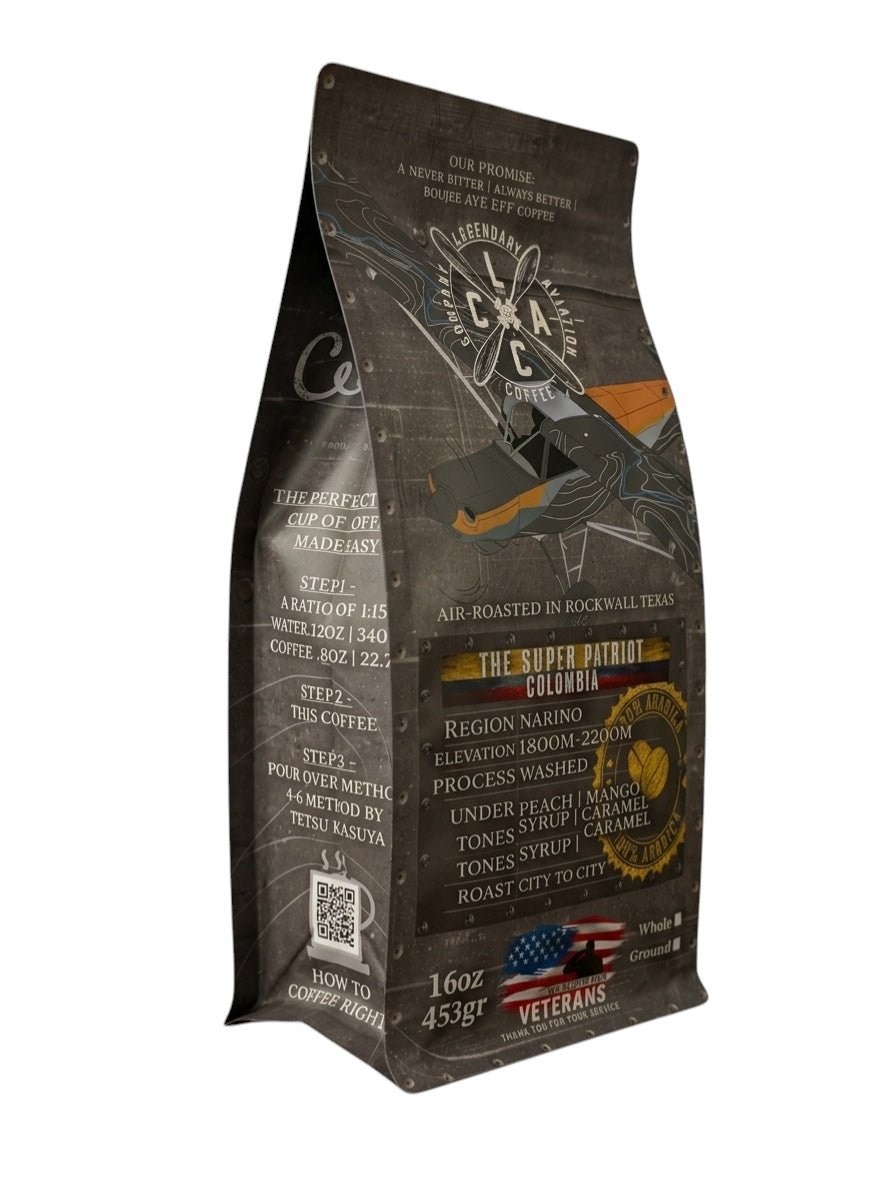 Super Patriot coffee bag detail showing the Patriot Aircraft tribute design